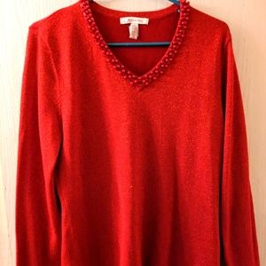 Bright red  shimmery red 3/4 sleeve blouse with beaded neckline. EUC